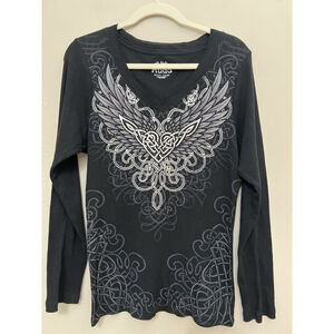 Mudd Y2K Dark Fairy Wings Long‎ Sleeve Graphic Shirt Whimsigoth Romantic XL